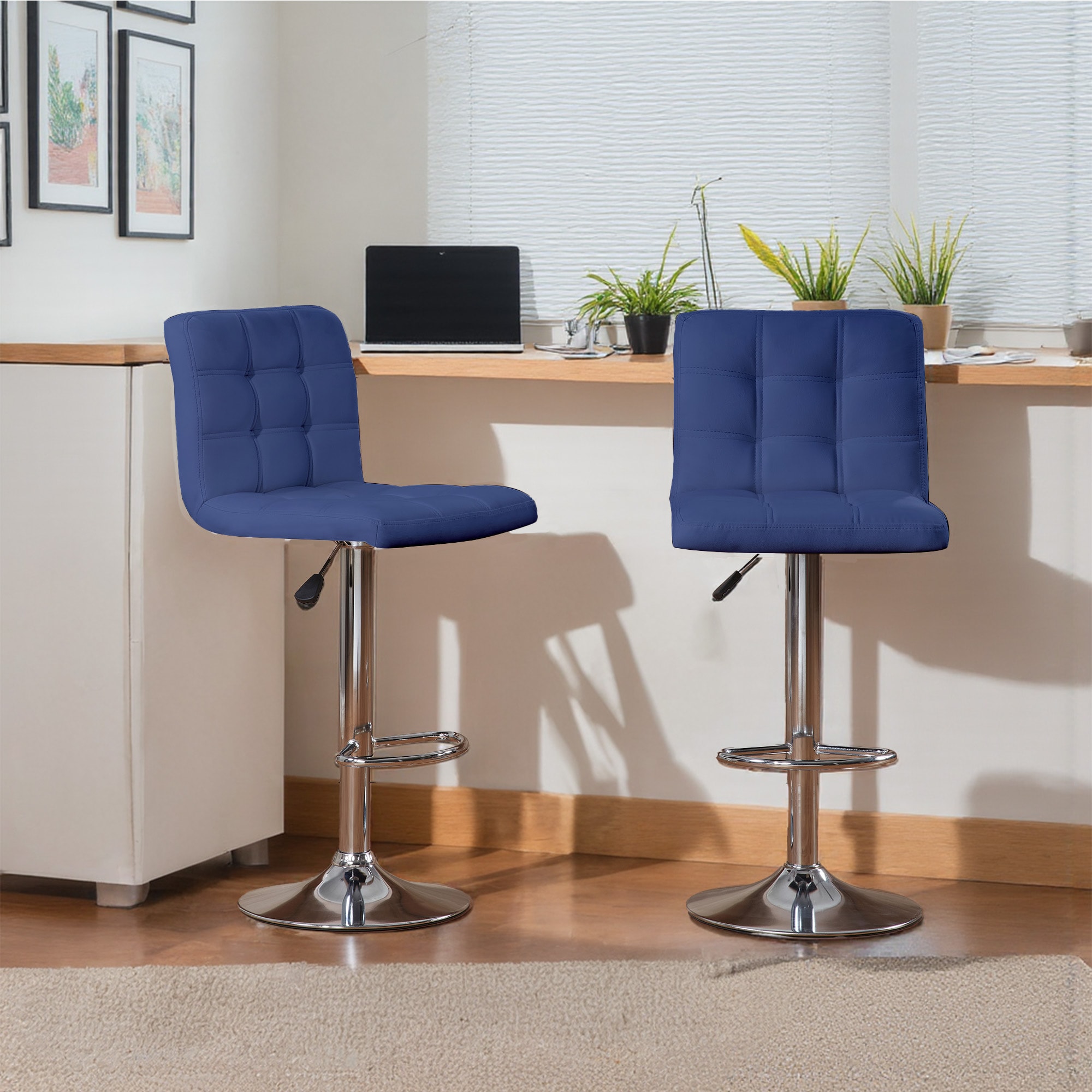 Bar Stools 1 Set Of 2, Counter Height Bar Stools, Square Cushion Bar Stools With Back, Footstool, Cafe, Blue, 2 Pieces_voghion.com